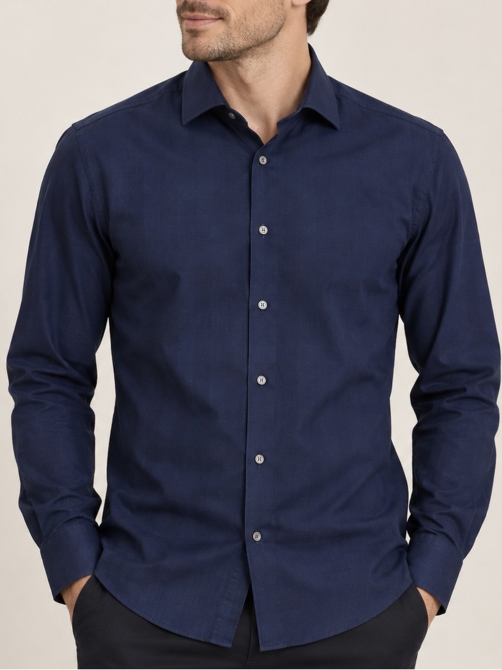 BOSS Hugo Boss Jason Navy Black Faint Plaid Slim Dress Shirt Canclini 50 15.5